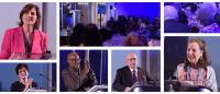 Collage of speakers at a podium along with images of the audience